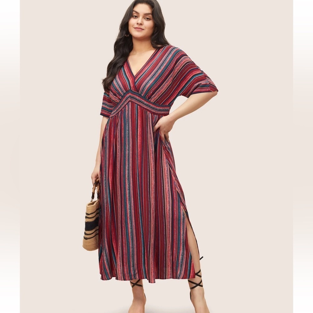BloomChic Striped Contrast Dolman Sleeve Shirred Pocket Split Flutter Dress - Picture 1 of 7
